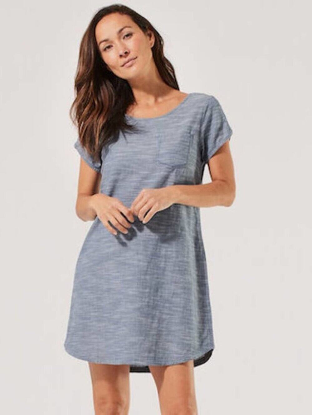 Pact Womens Sunday T-Shirt Dress Organic Cotton Short Sleeve Chambray Blue Sz S